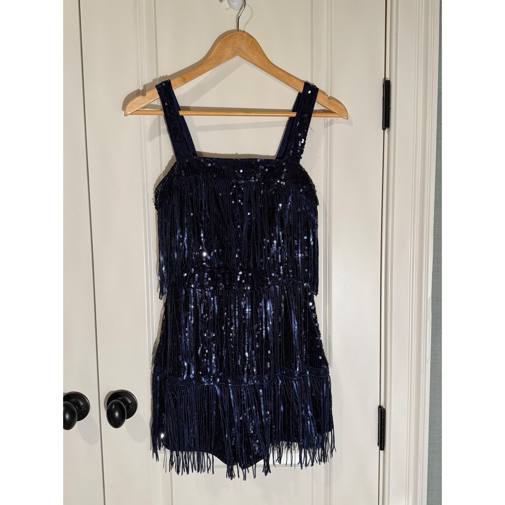 SHEIN Navy Blue Sequin Fringe Tiered Romper Sleeveless Flapper Party S